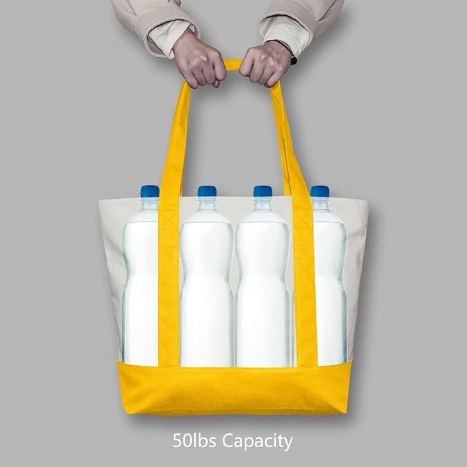 TOPDesign 6-Pack Canvas Tote Bags with an External Pocket, Reusable Grocery Shopping Bags, Top Zipper Closure, Daily Essentials (Yellow/Natural) - Image 6