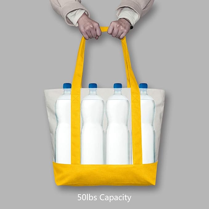 TOPDesign 3-Pack Canvas Tote Bags with an External Pocket, Reusable Grocery Shopping Bags, Top Zipper Closure, Daily Essentials (Yellow/Natural) - Image 6