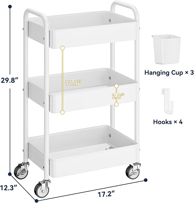 3 Tier Rolling Cart, Heavy Duty Metal Utility Cart with Wheel White | Sturdy Rolling Storage Cart With Hooks & Hanging Cups, Great For Craft, Art Workspace, Kitchen ,Snack And Office Storage - Image 6