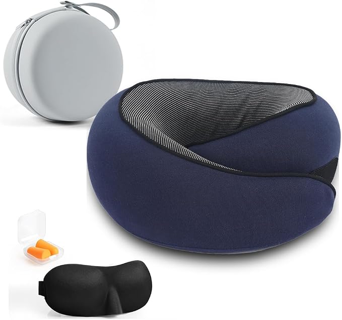Travel Neck Pillow with Memory Foam & Chin Support – Includes Cute Macaron EVA Water-Resistant Carry Case, Eye Mask & Ear Plugs (Navy Color) by Unknown