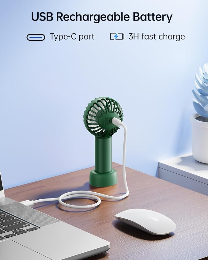 SWEETFULL Mini Portable Fan - Rechargeable Handheld Fan, 3 Speeds Personal Small Hand Gifts for Travel Essentials, Lash, Makeup, Eyelash, Kids, Girls, Women - USB, Cute Design Dark Green - Image 7