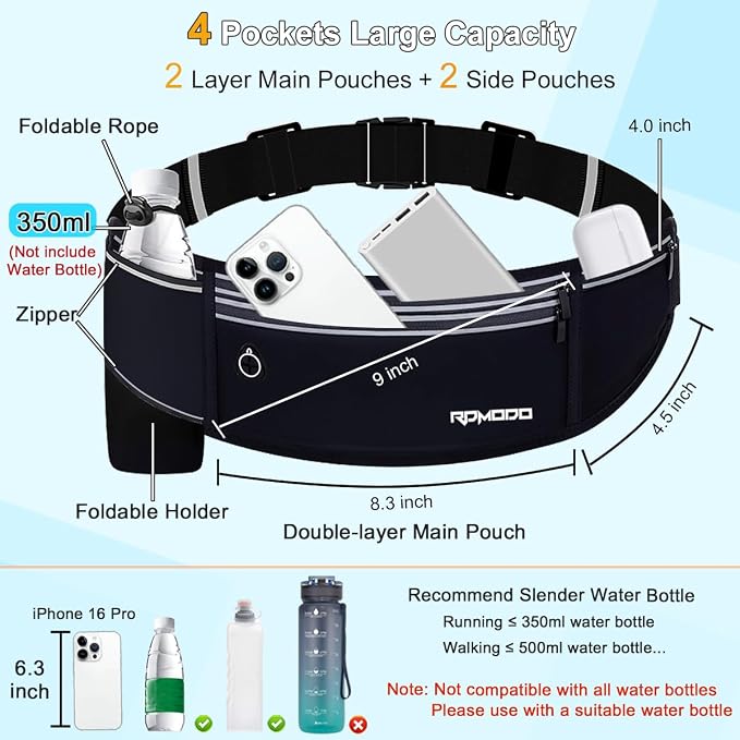 Running Belt with Foldable Water Bottle Holder for Women Men, Black | Slim Fanny Pack, Water Resistant, Running Phone Holder for Workout, Adjustable & No Bounce Waist Bag for iPhone 17 16 Samsung - Image 2