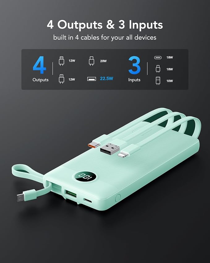 VRURC Portable Charger, 22.5W Fast Charging Power Bank Built‑in 4 Cables | 10000mAh Slim Lightweight Travel Battery Pack for iPhone, Samsung & Multi Devices, Pocket‑Friendly with Lanyard-Green(1 Pack) - Image 3