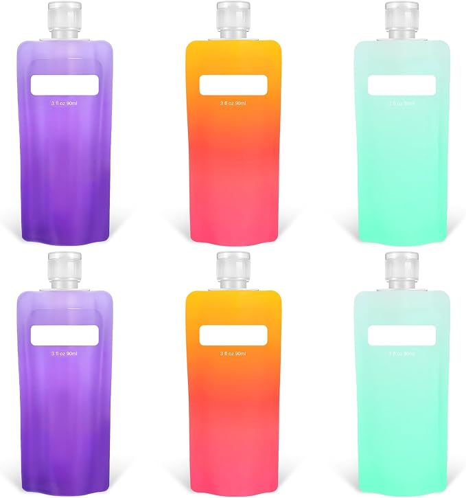 Dimeho 6 Pcs Travel Pouches for Toiletries, 3 oz Travel Size Containers Leak Proof Empty Squeeze Pouches (orange, purple and green) by Dimeho