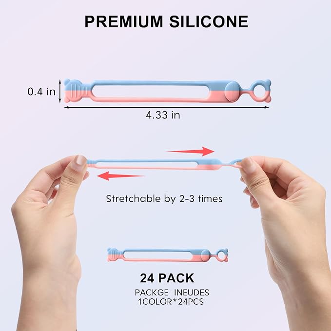 24Pcs Silicone Cable Ties, Reusable Cable Organizer,Blue-pink | Elastic Cord Straps for Earphones, Phone Chargers & Computer Cords, Multipurpose Wire Organizer for Home, Office & Travel - Image 2