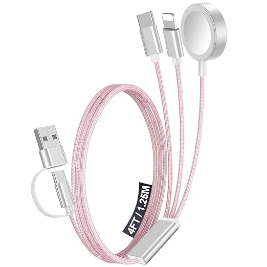 1Pack Travel Essentials for Apple Watch Charger,3-in-2 Multi Charging Cable | Cruise Vacation Camping Essentials for iPhone Charger,Type C/Lightning for iWatch,iPhone 17-12,Xbox Series X&S-4FT Pink by Accessoriesforphoneandelectricproducts