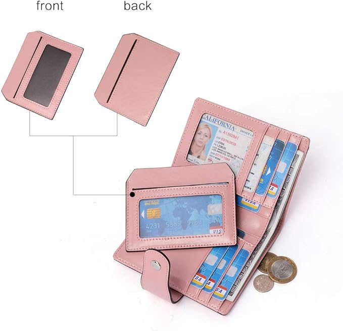 BOSTANTEN Leather Womens Wallet Small RFID Blocking Credit Card Holder | Removable ID Window, Zipper Coin Pocket, Bifold, Minimalist, Fits Small Purses, Daily Use, Ladies Gifts, Pink - Image 5