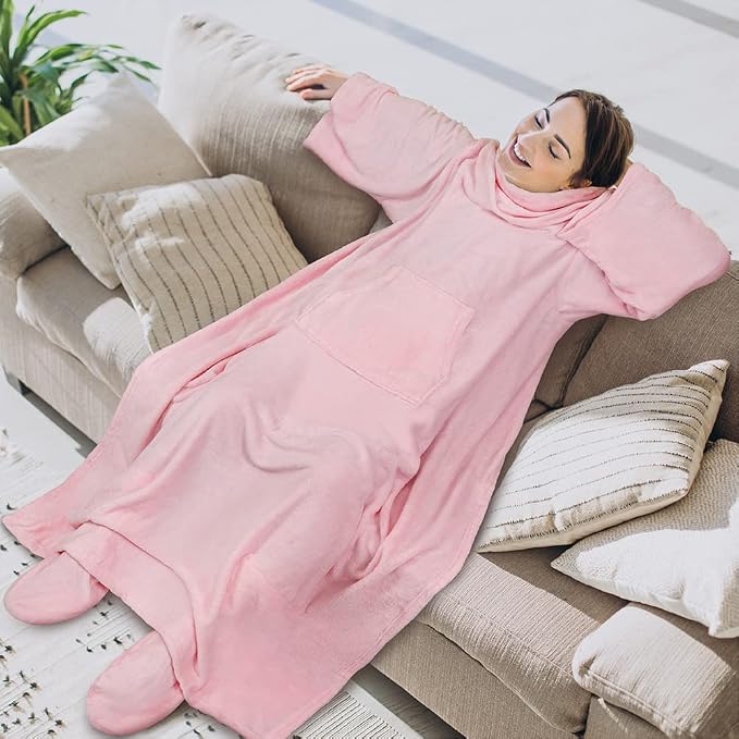 PAVILIA Fleece Blanket with Sleeves, Foot Pockets for Women Men Adults, Plush Wearable Blanket Throw Wrap, Warm Snuggle Blanket Robe, Cozy Gift Ideas Wife Mom, Light Pink - Image 3
