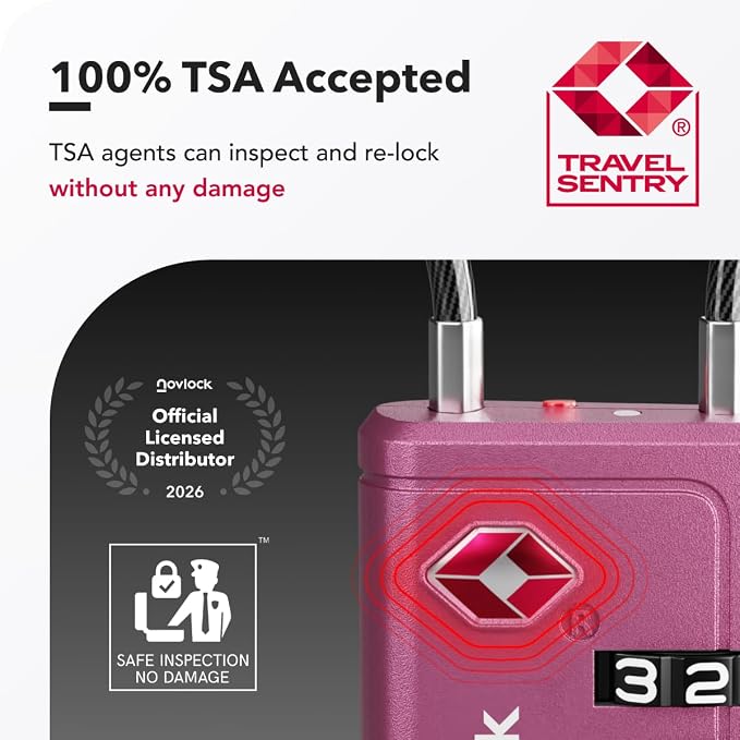 TSA Approved Luggage Locks, Travel Locks with Inspection Indicator | TSA008, Easy to Read Dials, 4 Digit Combination, Flexible Steel Cable, for Suitcases, Backpacks, Bags, 2-Pack, Purple - Image 3