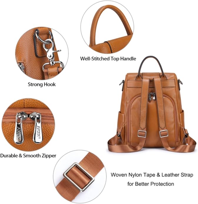 S-ZONE Leather Backpack Purses for Women Antitheft Rucksack Shoulder Bag Medium | Genuine Leather, Medium Fits 9.7-inch Tablet, for Work Travel Daily Commute, Multi Pockets, Adjustable Dual Straps - Image 5