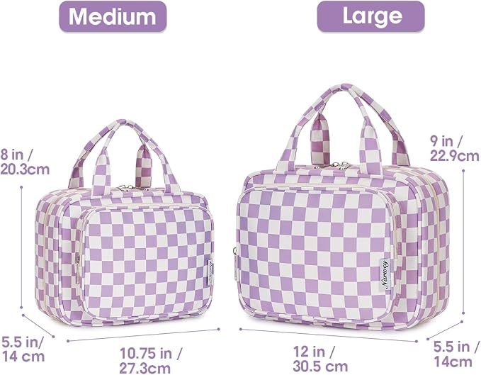 Narwey Travel Toiletry Bag for Women Large Hanging Makeup Bag Organizer Toiletries Bag for Full Size Essentials Accessories Cosmetics (Purple Checkerboard (Large)) - Image 2