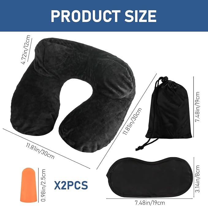 Inflatable Travel Neck Pillow Air Filled Airplane Sleep Support Black | Eye Mask Earplug Set Portable Comfort Travel Accessory Kit - Image 2