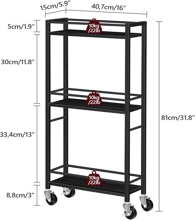 MAHANCRIS Slim Rolling Cart, Mobile Kitchen Cart on Wheels, Narrow Storage Cart for Small Space, Small Bar Cart, for Bathroom, Laundry, Living Room, Black RCHB1501 - Image 4