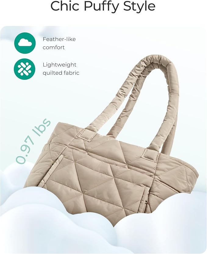 BAGSMART Tote Bag for Women, Puffer Tote Bag with Zipper, Large Quilted Shoulder Bag with Compartments for Travel, Work, Gym - Image 4