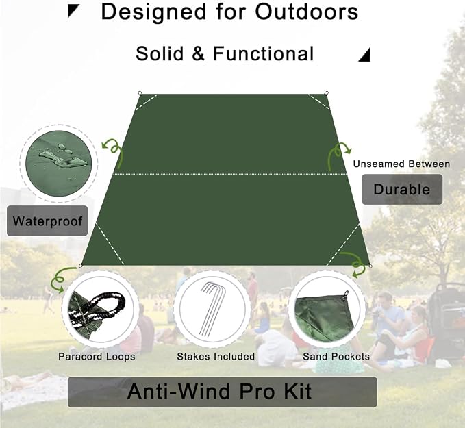 Pocket Blanket, Compact Blanket for Picnic, Beach, Festival | Sandproof, Waterproof, Stakes & Carabiner Included, Packable Lightweight Tarp for Camping, Hiking, Backpacking, Travel - Image 3