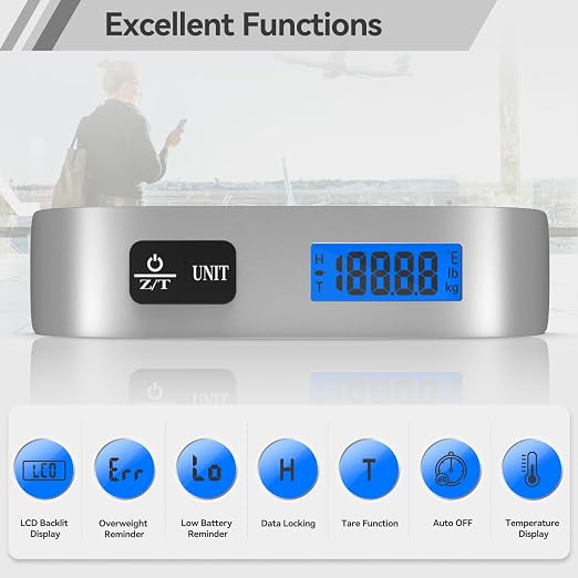 Luggage Scale Dr.meter Travel Essentials Luggage Weight Scale Backlight LCD | 110lb/50kg Electronic Balance Digital Postal Travel Accessories with Rubber Paint Handle Temperature Sensor Silver - Image 2