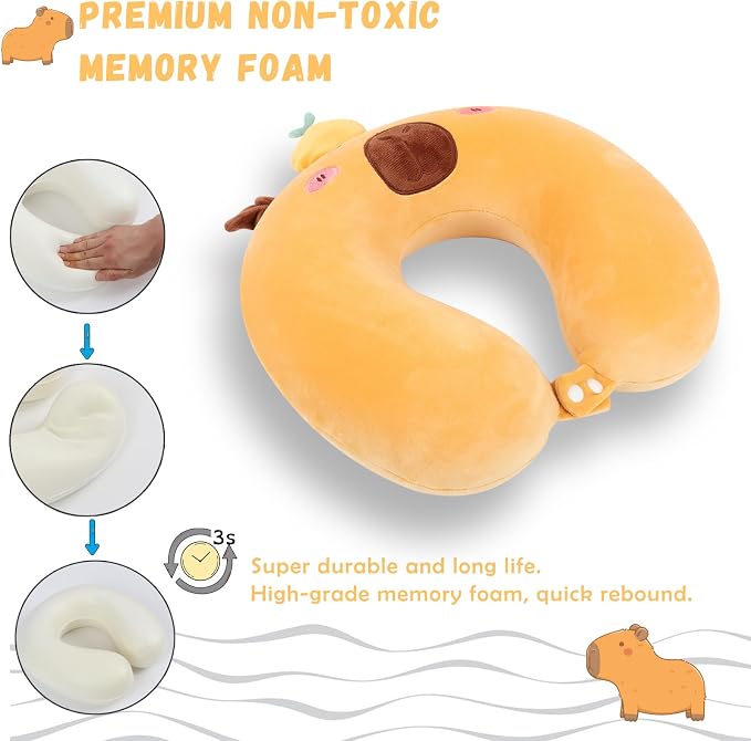 Travel Pillow, Kids Travel Pillow with Sleep Eye Mask Soft Memory Foam Kids Neck Pillow for Boys & Girls, Travel Accessories for Car Airplane Traveling - Capybara - Image 3