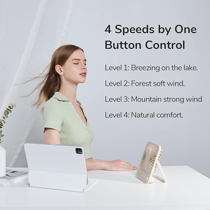 JISULIFE Small Desk Fan, 180° Foldable Portable Fan | Battery Operated, 4 Speeds Adjustable Ultra Quiet for Home Office Travel Outdoor-Brown - Image 3