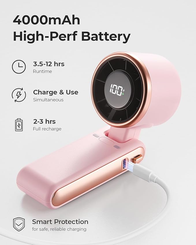 Portable Handheld Turbo Fan - 5 Gear High Speed 4000mAh Rechargeable Mini Personal Hand Fan Blow Cold Air, Battery Operated Travel Essentials, Beach Vacation, Gifts for Women, Men (Pink) - Image 5
