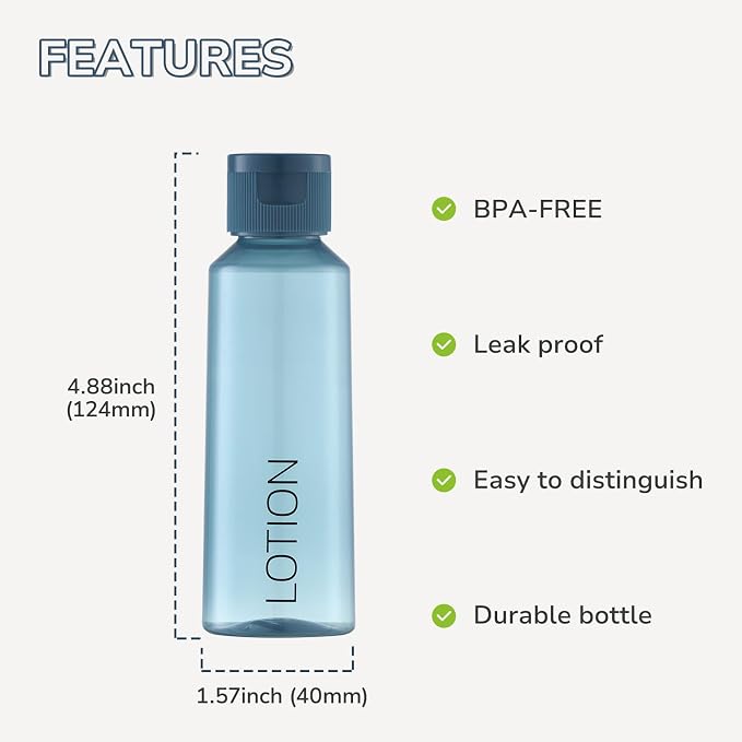 LISAPACK 3.4 oz Travel Containers for Toiletries, 6pcs Shampoo Bottles Kit | 100ml hard plastic labeled dispenser for lotion, conditioner, empty lettering carry on sets, flip cap, leak proof, TSA, blue - Image 3