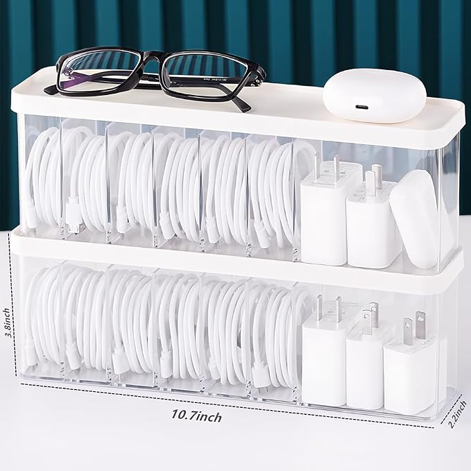 Charger Cable Cord Storage Organizer Box - Easy Storage Without Cable Ties | Stackable,with Lid,Dust-Proof,Space Saving,6 Standard Space and 1 Larger Space,for Home Office Desk Accessories Supplies - Image 2