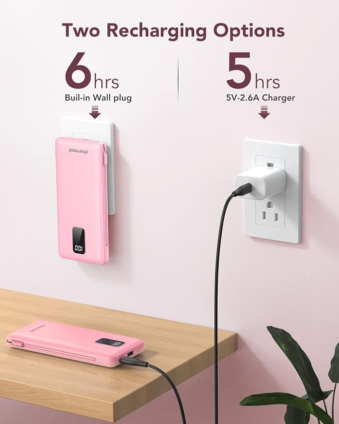 charmast Portable Charger with Built-in Cables and AC Wall Plug | 10000mAh Power Bank with 4 Outputs,USB-C & USB-A Battery Pack,Slim Travel Phone Charger for iPhone,iPad,Samsung,Android - Image 6