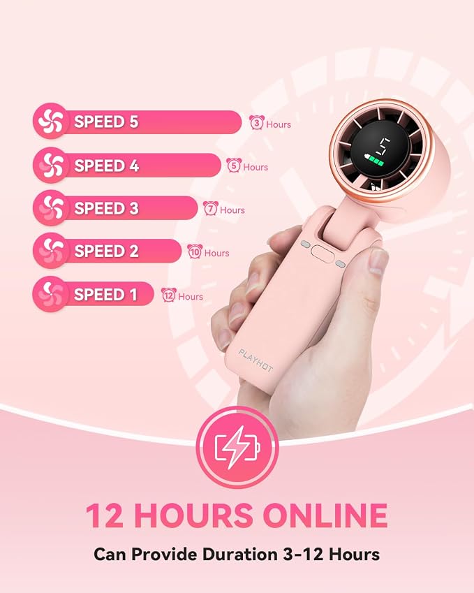 PlayHot Portable Handheld Turbo Fan, Travel Essentials, Gifts for Women/Men | 5-Speed, Up to 12H, 10m/s Airflow, USB-C Rechargeable, LED Display, 3-in-1 Foldable Personal Fan for Cruise, Beach, Vacation - Image 4