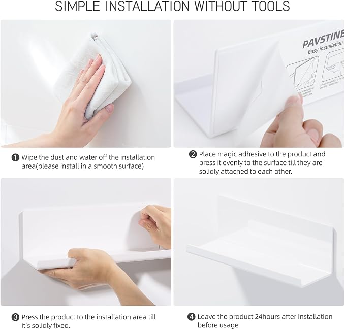 PAVSTINE Acrylic Wall Floating Shelves Set of 2, Wall Shelves White 12 Inch Adhesive Wall Organizer Adhesive Shelf for Bathroom, Kitchen, Bedroom, Office, Gaming Room, No Damage, No Drill - Image 7