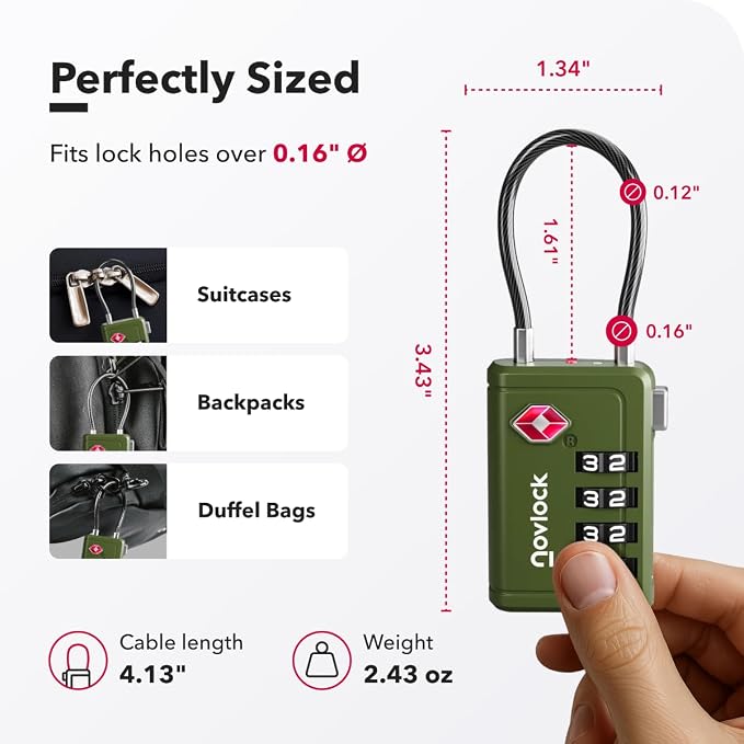 TSA Approved Luggage Locks, Travel Locks with Inspection Indicator | TSA008, Easy to Read Dials, 4 Digit Combination, Flexible Steel Cable, for Suitcases, Backpacks, Bags, 2-Pack, Green - Image 2