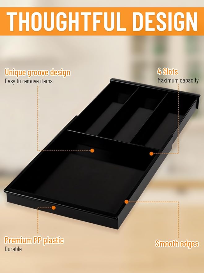 Silverware Drawer Organizer Tray (Black) | Adjustable Small Utensil Holder for Spoon and Fork, Expandable Flatware Cutlery Tray for Kitchen Drawers - Image 4