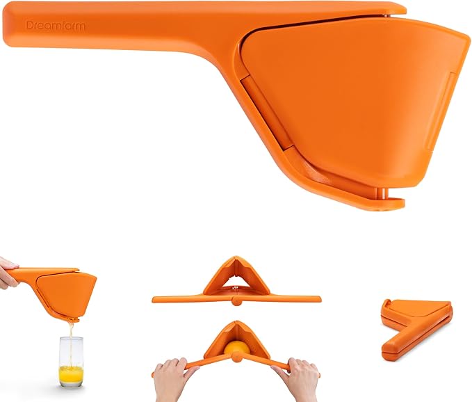 Dreamfarm Fluicer Fold-Flat Citrus Juicer - Orange | Easy, manual fresh orange juice squeezer with pip catcher, suits all citrus fruits, compact storage, 11" by Dreamfarm