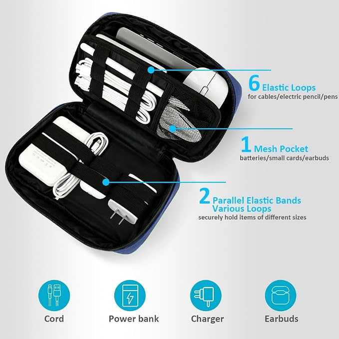 GOX Travel Cable Organizer Bag, Medium Tech Pouch for Electronics, Navy | Two Zippers & Multiple Storage Pockets, Water-Repellent Oxford, All-in-One Tech Bag for Electronic & Travel Accessories - Image 4