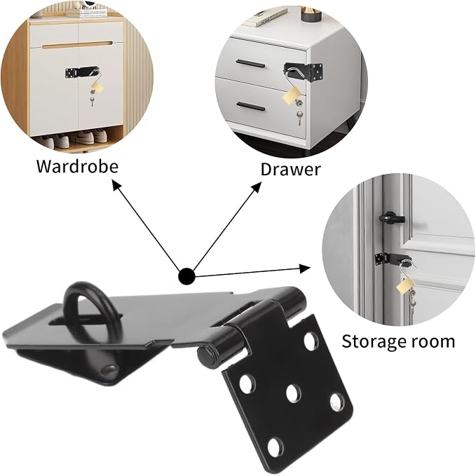 HOWDIA 180 Degree Hasp Lock Latch with Lock, 4 Inch Latch Lock with Screws and Padlock, Stainless Steel Pad Lock Latches Locking Latch Security Door Clasp Hasp for Shed/Gate/Storage Lock（Black） - Image 5
