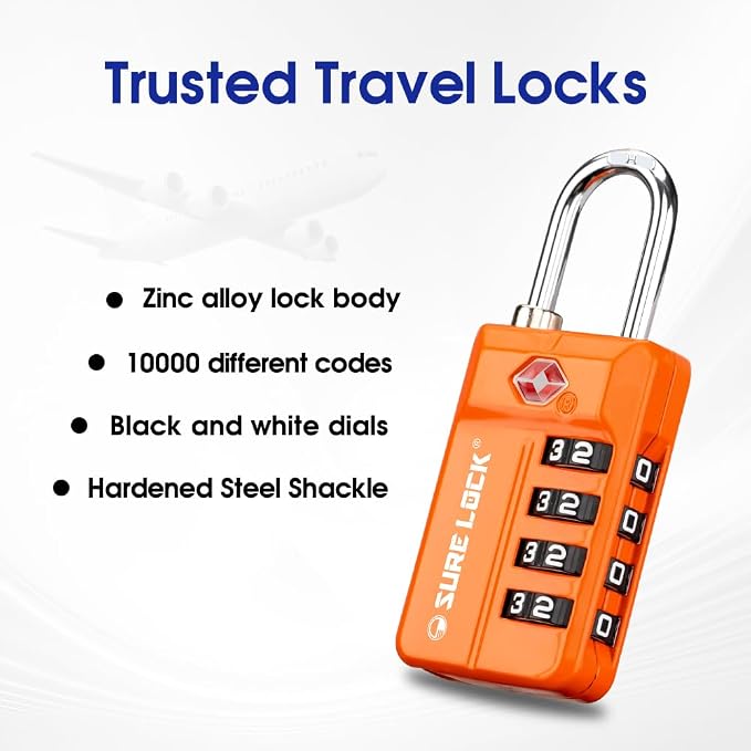 SURE LOCK TSA Approved 4-Digit Resettable Combination Luggage Locks with Open Alert, Easy-Read Dials - for Luggage, School Lockers, Gym, Office, Toolbox & Security Cases (Orange 2 Pack) - Image 6