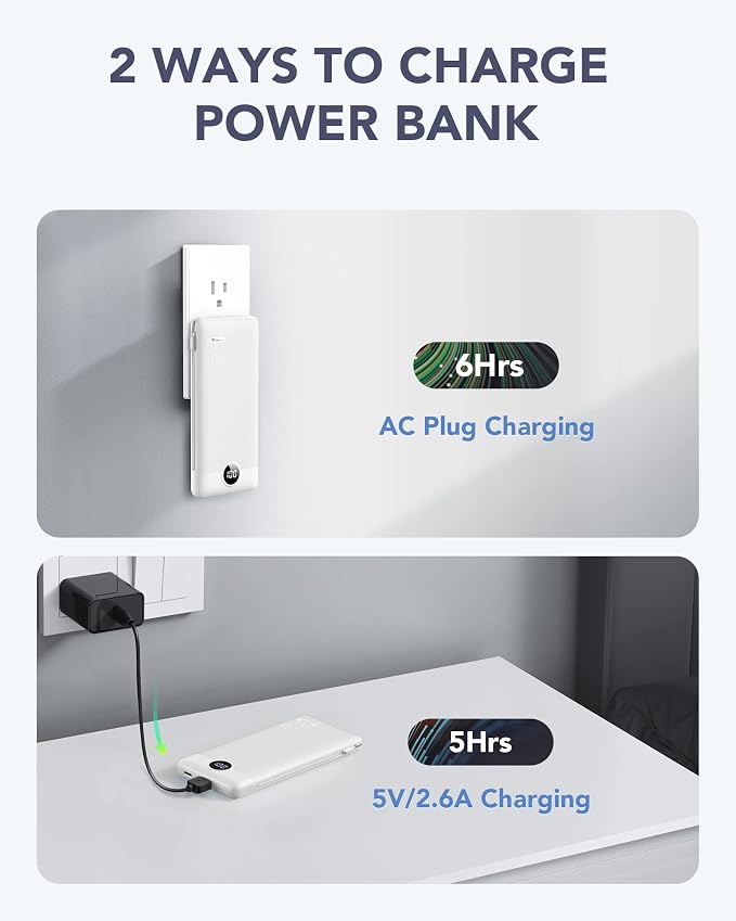 VRURC 3-in-1 Portable Charger, Built-in Cord & Foldable Wall AC Plug-White | 10000mAh Portable Power Bank, Travel Battery Pack for Smartphones, USB-C Emergency External Charger for Trip- (1 PACK) - Image 4
