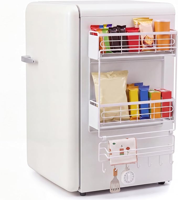 Vercraft 3 Tier Magnetic Dorm Fridge Organizer Heavy Duty 66lbs over Dorm Fridge Shelf Essentials Paper Towel Holder with Sliding Basket Hook Side of Fridges Storage Rack Space Saving Kitchen(White) - Image 4