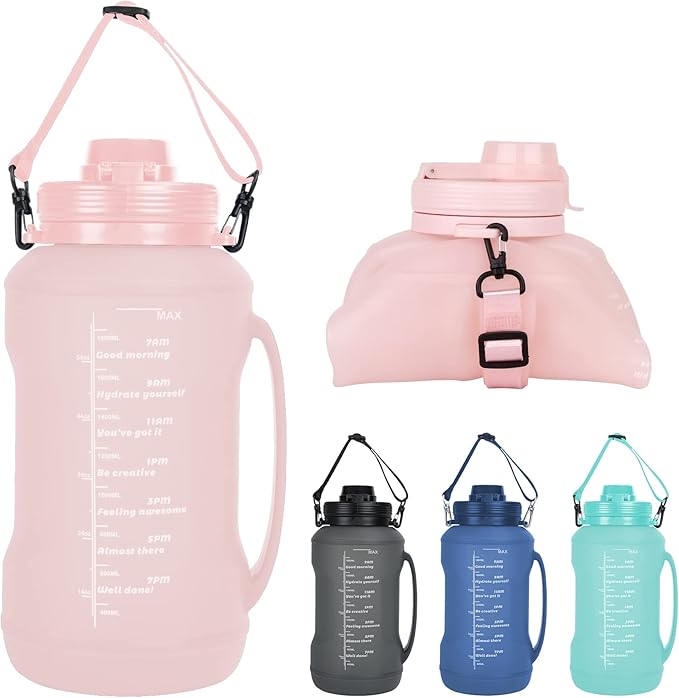 Collapsible Water Bottles, 2L/64OZ travel water bottle Bottle with Straw, Half Gallon Large Water Bottle for Travel Outdoor Sports Runing Fitness Yoga (Upgraded pink) by SpacingSavingHelper