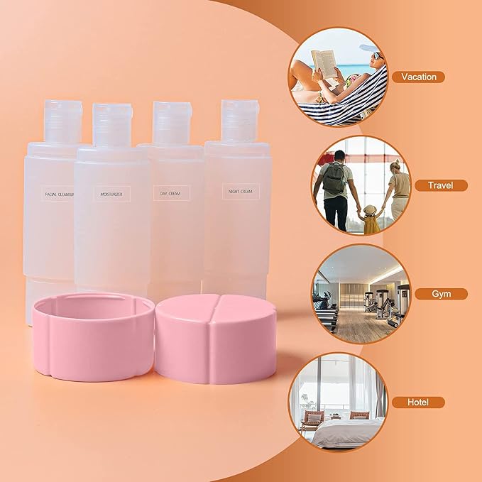 Olatay Travel Bottle, TSA Approved 4-in-1 Leak-Proof Bottle, 4 * 60ml/2oz, with 2 Pre-Printed Labels for Travel Gym Camping, Carry-on Travel Size Toiletries Shampoo Lotion Bottle for Women Men (Pink) - Image 6