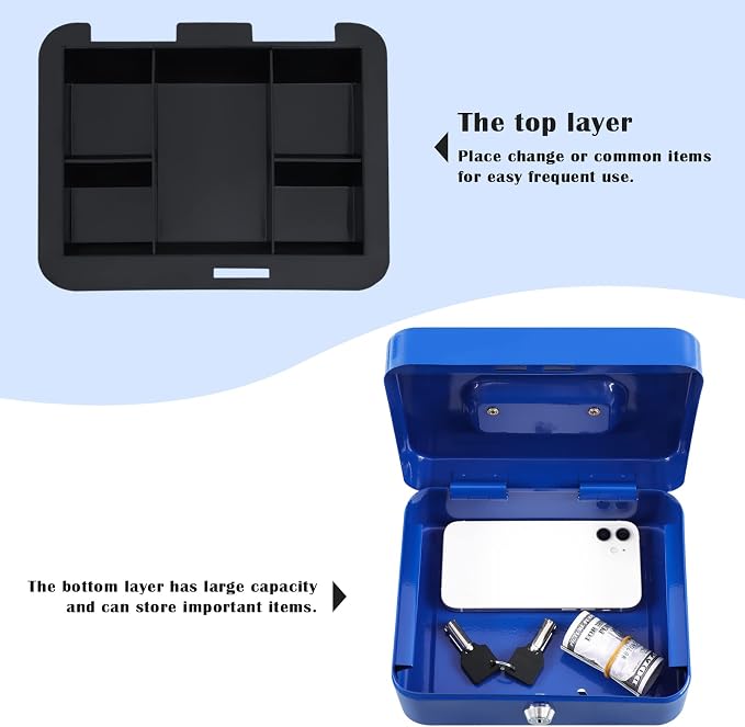 xydled Medium Cash Box with Lock, Removable Coin Tray, Steel Money Box, Blue - Image 5