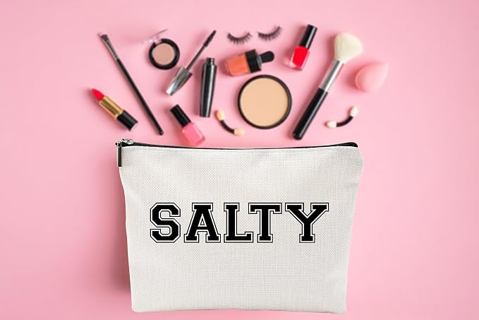 Funny Makeup Bag for Women - "SALTY" Sassy Cosmetic Pouch - Preppy Varsity Letter Style Travel Toiletry Organizer - Cute Beige Canvas Zipper Clutch for Beach Vacation, College Dorm & Best Friend Gift - Image 4