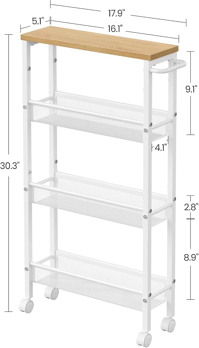 VASAGLE Slim Rolling Cart, 4-Tier, 5.1 Inches Deep, Steel Frame | Storage Cart with Handle, Narrow for Kitchen, Living Room, Golden Oak and Matte White, DACEY Collection ULRC032W09 - Image 5