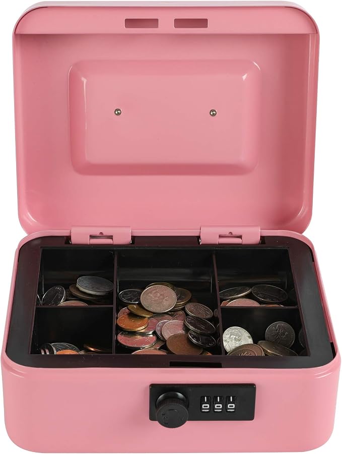 xydled Steel Cash Box Safe with Combination Lock,Money Safe Box with Removable Coin Tray,Medium,7.87"x 6.30"x 3.54",Pink - Image 3