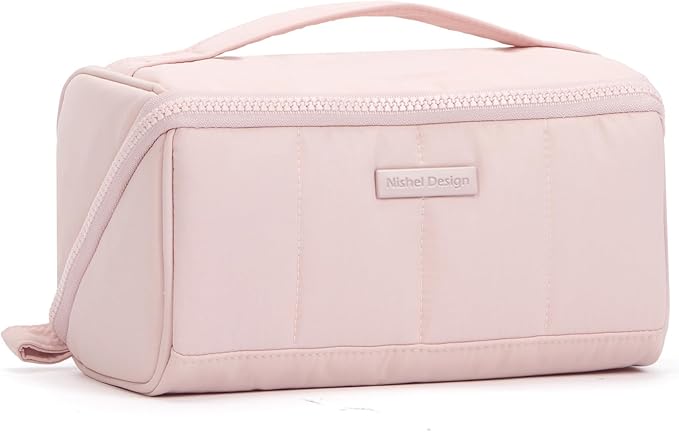NISHEL Travel Makeup Bag for women, Organizer Pouch Cosmetic Case | Open-flat design keeps cosmetics, brushes, and beauty tools organized for travel and daily routines, Large, Pink by NISHEL