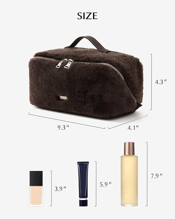 EACHY Travel Makeup Bag for Women, Faux Fur Cosmetic Bag, Brown, Medium | Faux fur bag with flat-open access, inner storage and clear TPU brush pocket for makeup, toiletries and travel essentials - Image 6