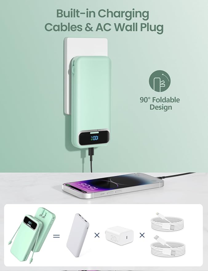 aonidi Portable Charger 12000mAh with Built-in Cables&AC Wall Plug, Green | PD20W USB C Fast Charging,LED Display External Travel Power Bank,TSA approved Battery Pack for All iPhone,Samsung,Android - Image 4