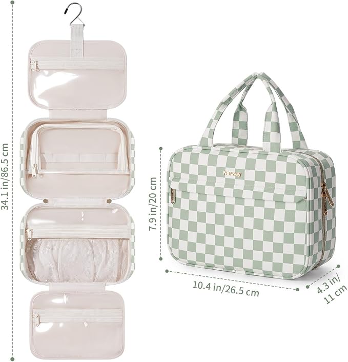 Narwey Hanging Toiletry Bag for Women Checkered Travel Makeup Bag Cosmetic Make Up Organizer Toiletries Bag for Travel Essentials Accessories (Mint Green Checkerboard, Medium) - Image 5