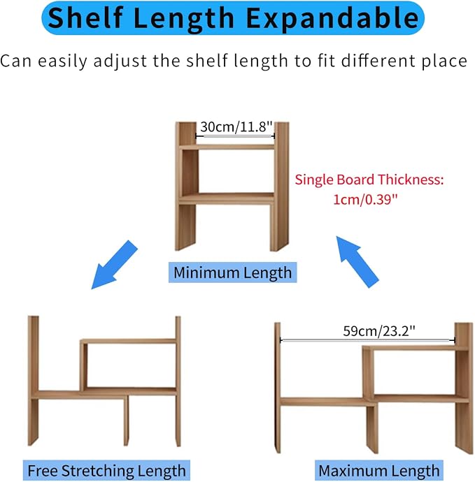 Desktop Shelf Organizer, Adjustable Wood Office Storage Rack, Counter Display Small Bookshelf for Home/Office/School(Light Walnut) - Image 3