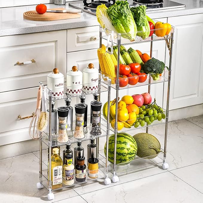 Chris.W Slim Storage Cart 3 Tier with Wheels, Clear Bathroom Cart Organizer, Mobile Shelving Unit Rolling Utility Cart, Slide Out Organizer for Kitchen, Bathroom, Laundry, Narrow Places, Office - 8" W - Image 5