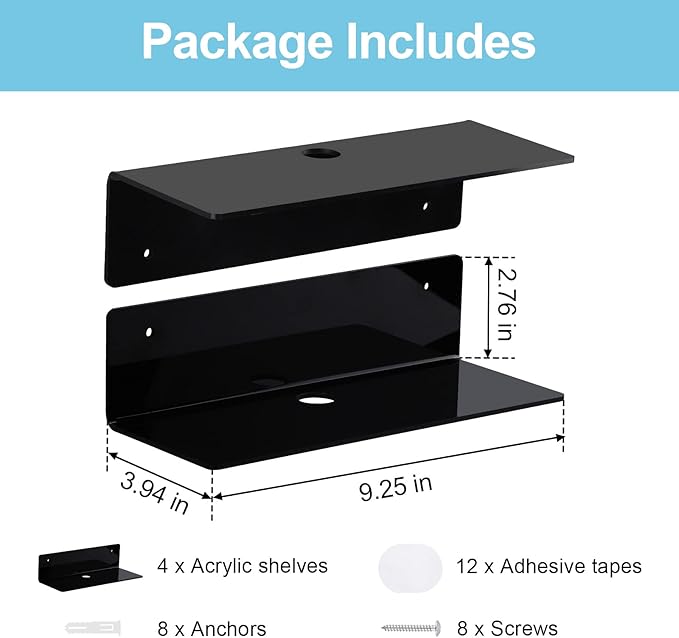 9 Inch Acrylic Floating Shelf No Drill Adhesive Wall Shelf Set of 4 for Funko Pop Storage, Floating Shelves Damage-Free Expand Wall Space for Living Room, Bathroom, Gaming Room, Office - Black - Image 3