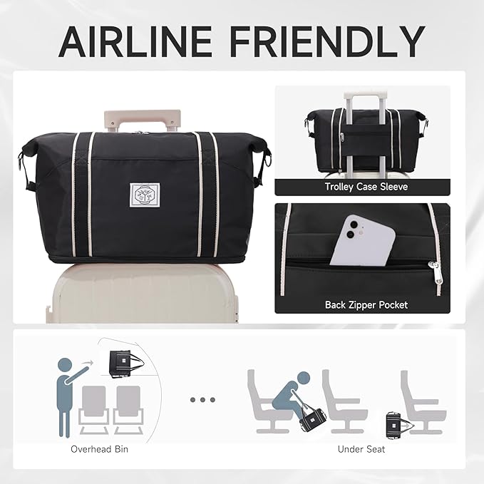 WALNEW Travel Duffel Bag, Weekender Overnight Carry On Bag for Women Men, Foldable Waterproof Gym Luggage with Metal Buckle Detachable Shoulder Strap and Wet Compartment (Black) | Overnight Carry On Bag, Foldable Waterproof Gym Luggage with Metal Buckl... - Image 4